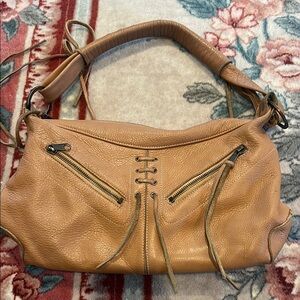 Carla Mancini Tan Leather Hobo Bag with Decorative Zippers